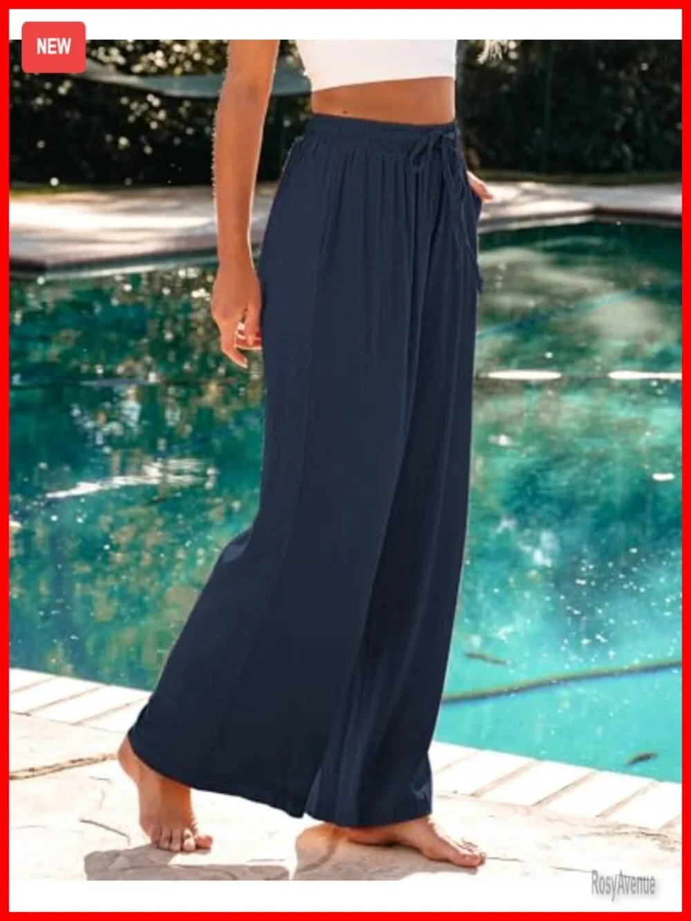 Linen Wide Leg Drawstring Palazzo Trousers Pants Pull On Elastic Waist
